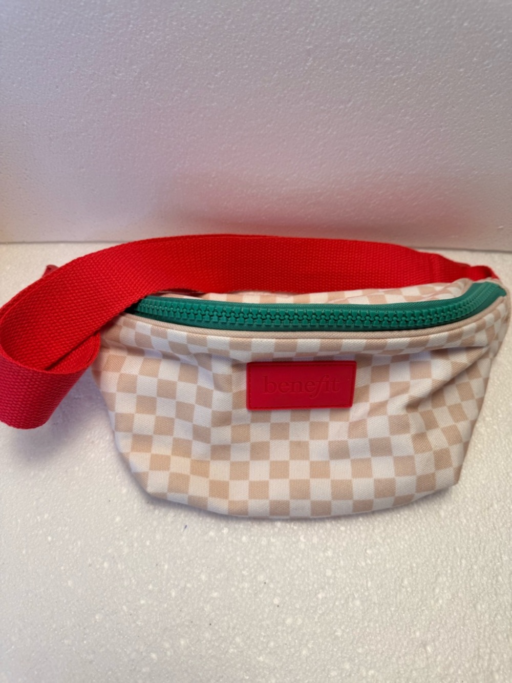 GWP Benefit Beige Checkered Waist Bag with Red Strap and Teal Zipper